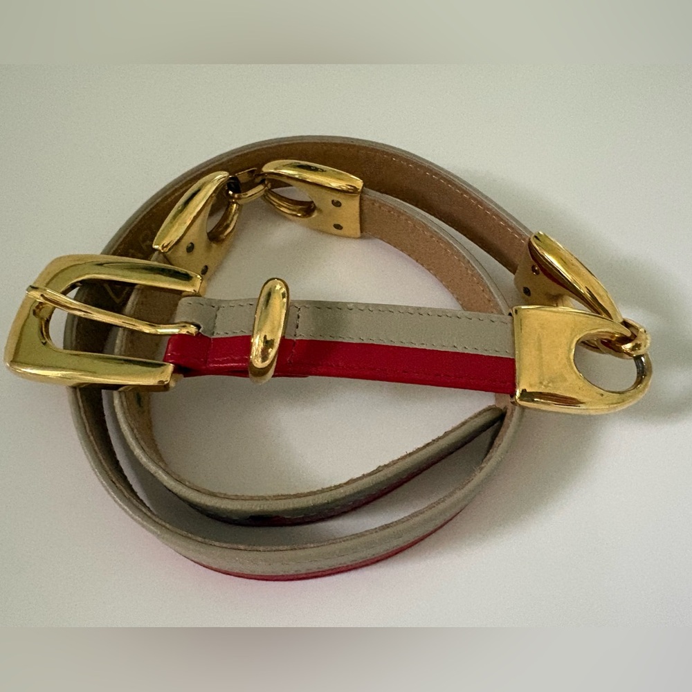 Vintage Carlisle two tone Red/tan leather Belt gold tone details and Buckle 1675